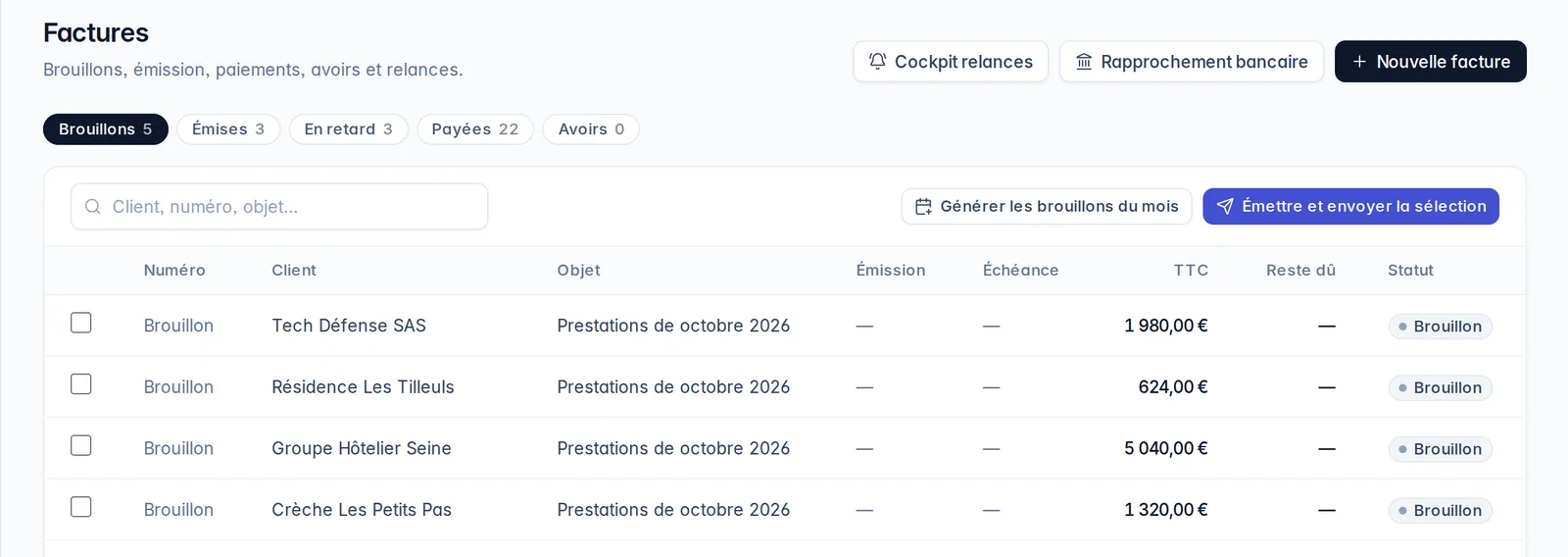Écran Factures de Kloze : les factures du mois, avec les onglets brouillons, émises, en retard et payées.